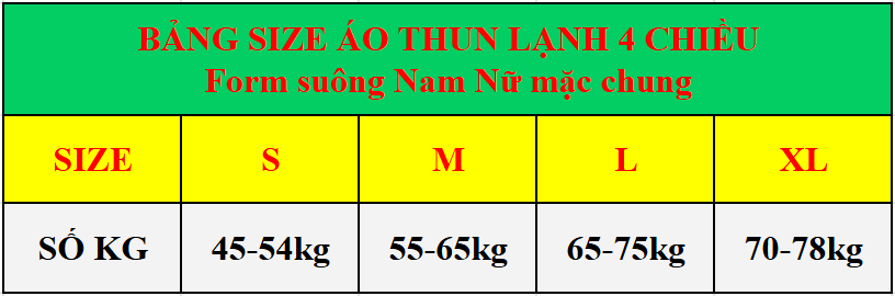 BẢNG SIZE ÁO THUN LẠNH 4 CHIỀU